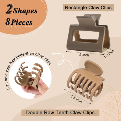 8 Pack Medium Small Hair Clips Set 2"" Rectangle and 1.6"" Double Row Teeth Hair Claw Clips for Thin Short Hair Matte Hair Clips Hair Accessories for Women Girls, Beige, Brown, Khaki, Black - WORLD TIME VISITS