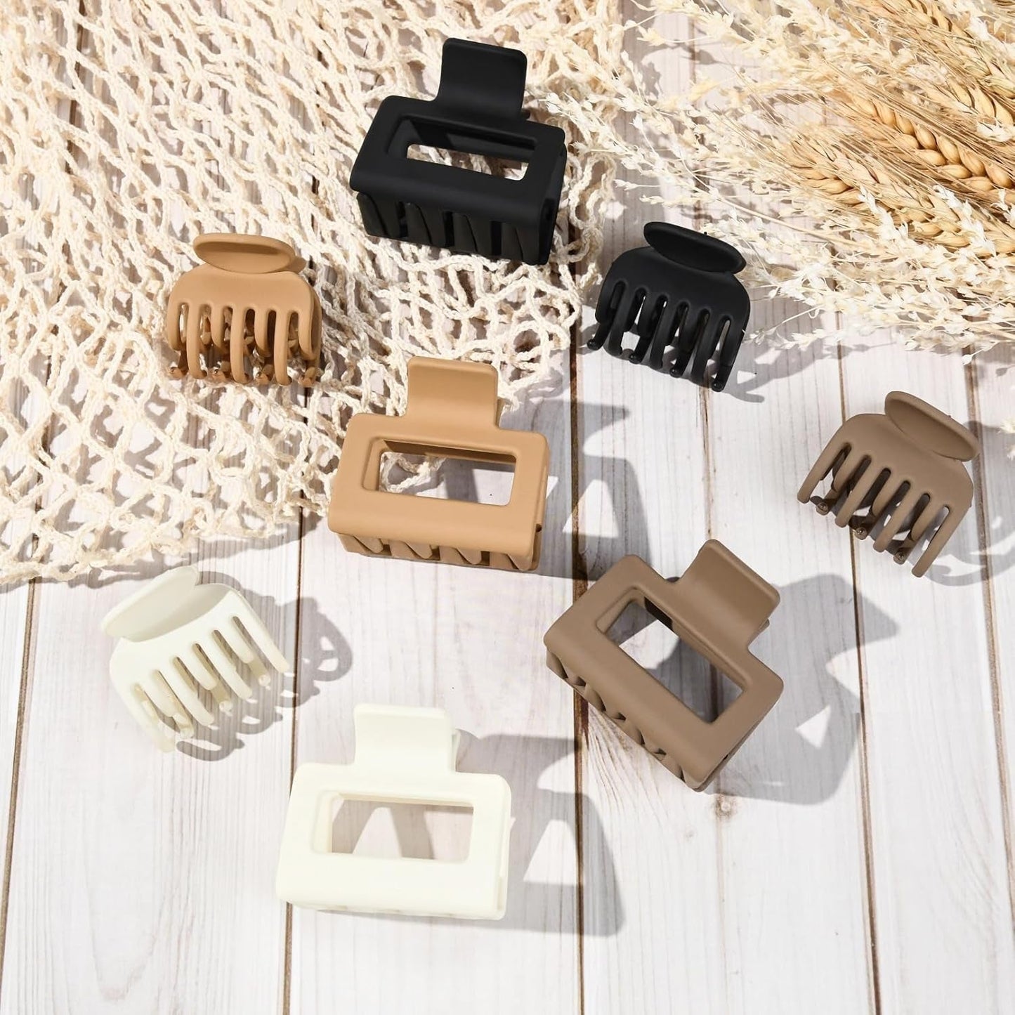 8 Pack Medium Small Hair Clips Set 2"" Rectangle and 1.6"" Double Row Teeth Hair Claw Clips for Thin Short Hair Matte Hair Clips Hair Accessories for Women Girls, Beige, Brown, Khaki, Black