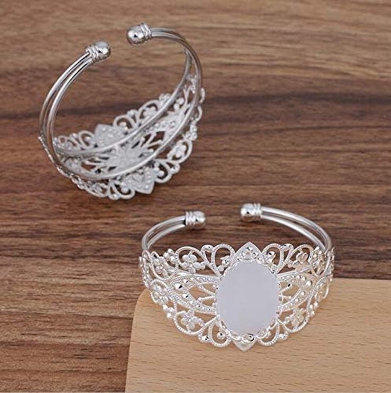 8 Pcs 25X18Mm Oval Cabochon Filigree Bezel Tray Blank Cuff Bangles Bracelet E for Crafting DIY Bracelets Making