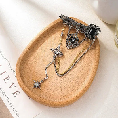Fashion Black Six-Pointed Star Crystal Tassel Pendant Brooch Retro Pin Baroque Gemstone Decoration Simple Personality Rhinestone Zircon Square Flower Brooch Women and Men Unisex Clothing Accessories Wedding Engagement Bride Anniversary Party Jewelry Gift