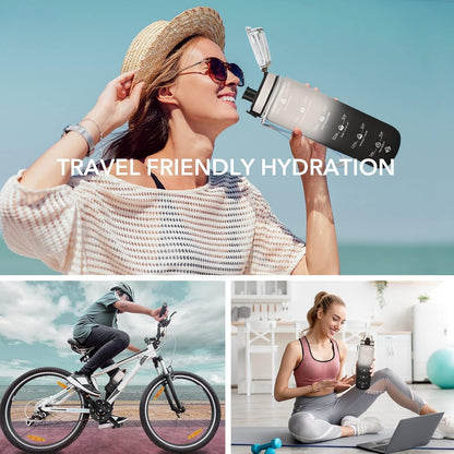 32Oz Motivational Water Bottles with Time Marker and Fruit Strainer, Sports Water Bottle with Times to Drink, Leakproof, Reusable Plastic Bottle with Strap No Straw for Gym, School