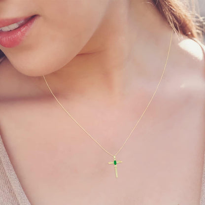 Genuine Gemstone and Diamond Cross Pendants in 10K Yellow Gold (Available in Emerald, Ruby and More)