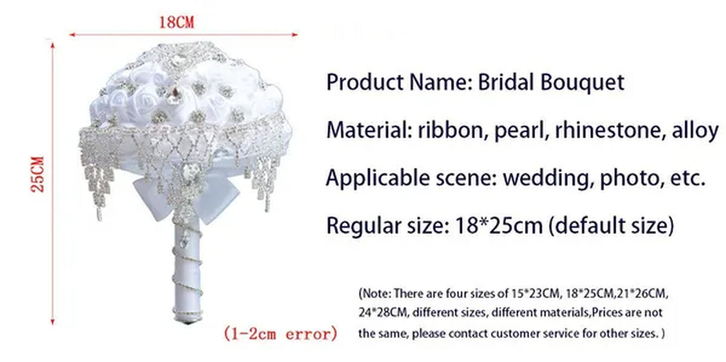 18CM Luxury Crystal Brooch Bridesmaid Bridal Bouquet Rhinestone Tassel White Silk Rose Wedding Flower Bouquet Ribbon Artificial Flower Wedding Supplies