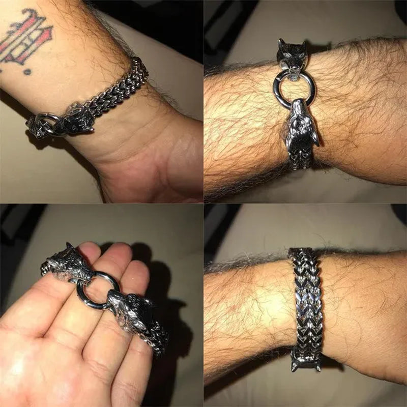 Rock Wolf Charm Bracelet Men's Stainless Steel Mesh Chain Punk Bracelets Biker Jewelry