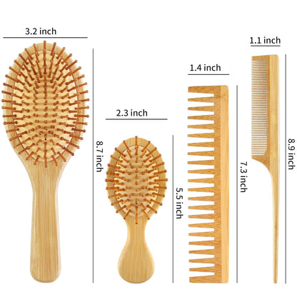 4 PCS Bamboo Hair Brush Set with Natural Wooden Wide-Tooth and Tail Comb Big and Mini Paddle Detangling Hairbrush for Women Men Kids and Baby Thick Thin Curly Straight Dry