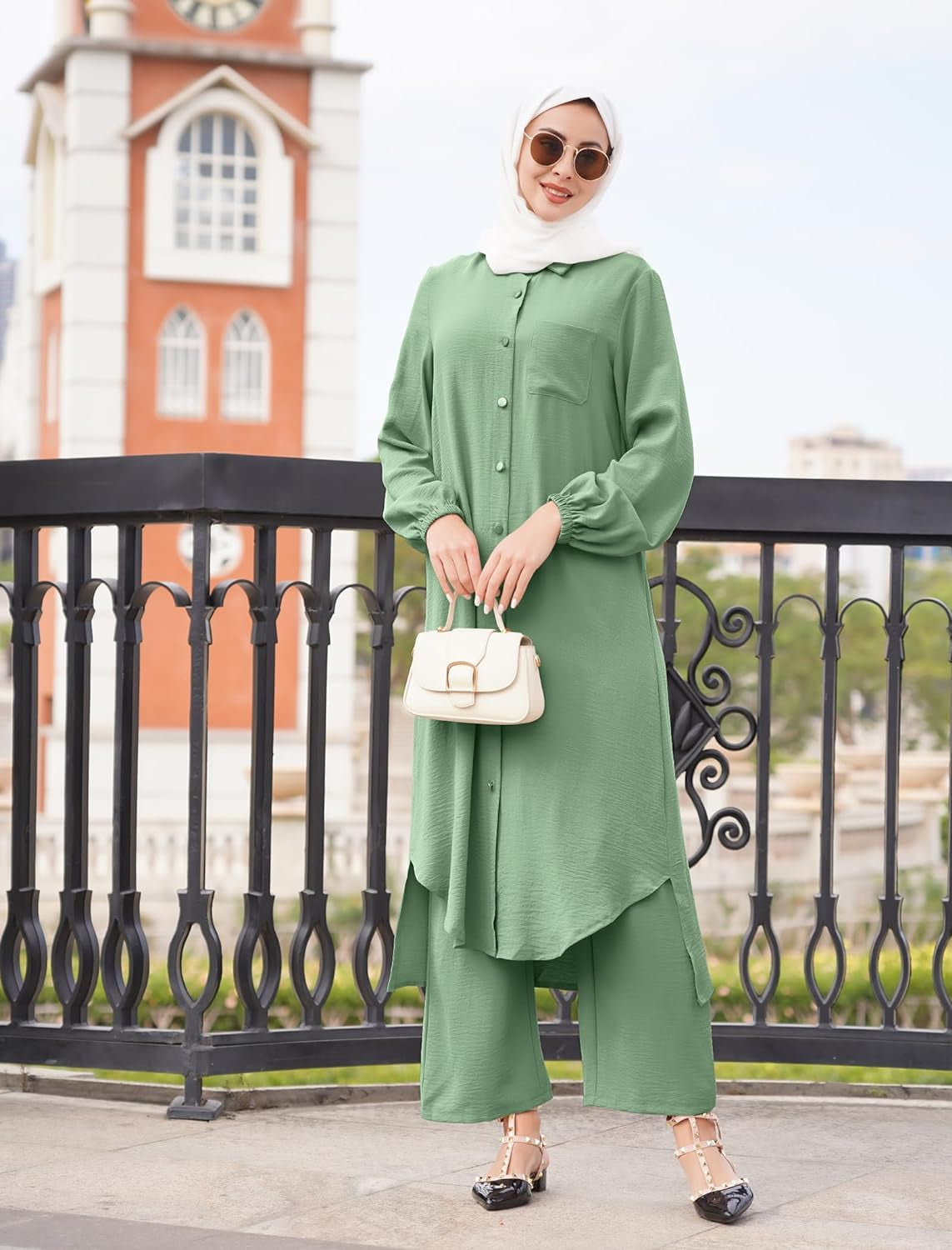 Women'S Muslim 2 Pieces Sets Long Sleeve Button down Shirt and Pants Abaya Casual Dress Dubai Outfits
