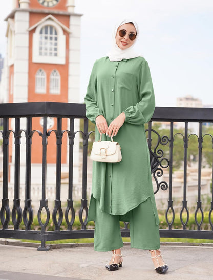 Women'S Muslim 2 Pieces Sets Long Sleeve Button down Shirt and Pants Abaya Casual Dress Dubai Outfits