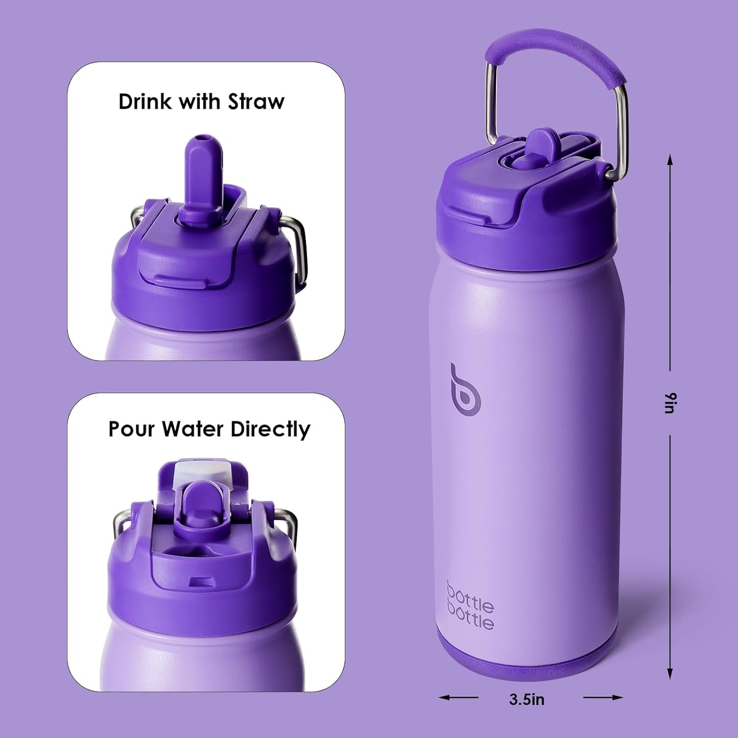 16 Oz Sports Water Bottle Stainless Steel Insulated Kids Water Bottle with Straw and Pills Holder for Gifts and School (Purple)