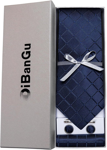 Plaid Ties for Men Silk Checkered Necktie and Pocket Square Cufflinks Tie Clip Set with Gift Box for Wedding Business
