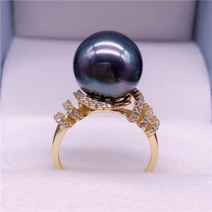 Natural South Sea Gold Pearl Powder Seawater Pearl Ring 925 Sterling Silver Diamond Pearl Ring Round Open Ring