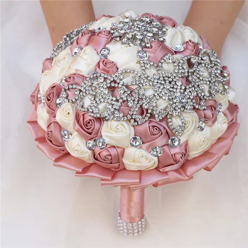 21CM Creative Handmade Diamond Flower Brooch Bouquet Ribbon Silk Rose Wedding Flower Bridal Bouquet Bridesmaid Holding Flowers
