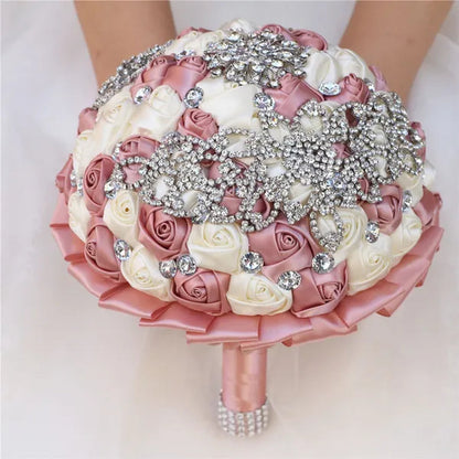 21CM Creative Handmade Diamond Flower Brooch Bouquet Ribbon Silk Rose Wedding Flower Bridal Bouquet Bridesmaid Holding Flowers