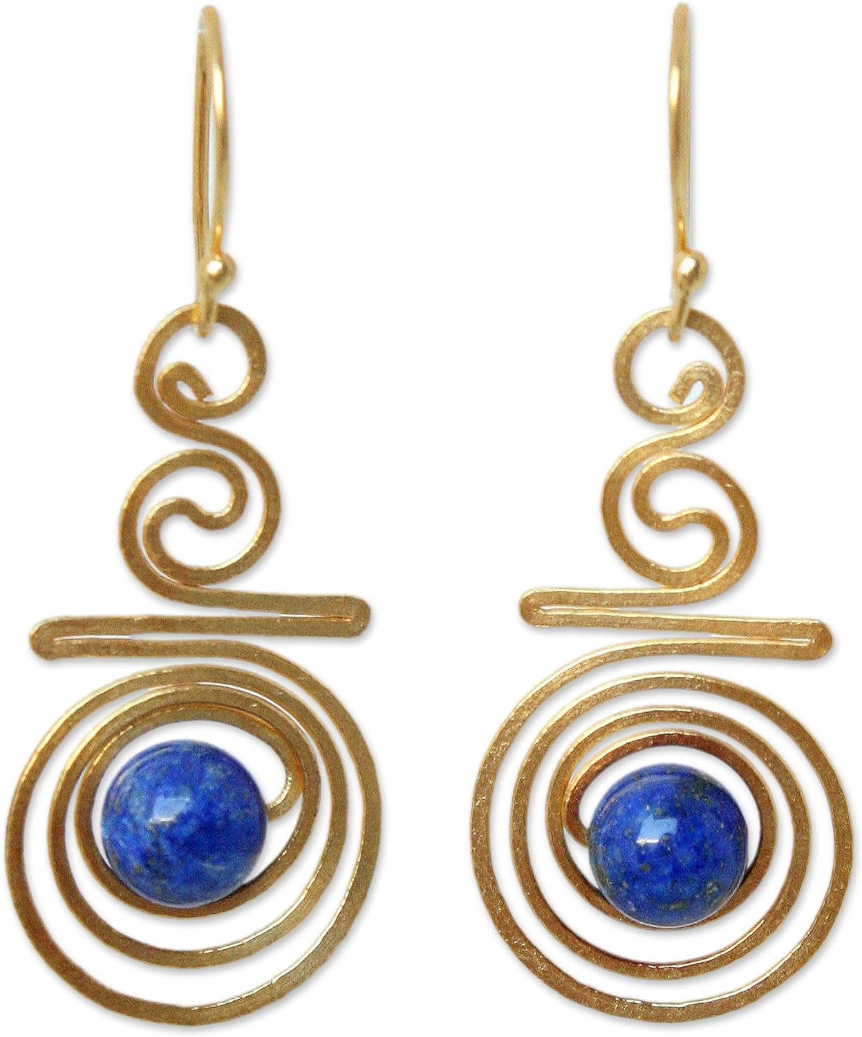 Artisan Handmade 24K Gold Plated Lapis Lazuli Dangle Earrings Crafted Brass Blue Thailand Modern 'Follow the Dream' - WORLD TIME VISITS