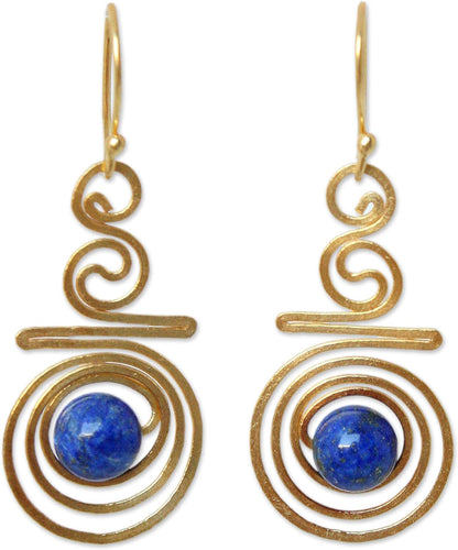 Artisan Handmade 24K Gold Plated Lapis Lazuli Dangle Earrings Crafted Brass Blue Thailand Modern 'Follow the Dream' - WORLD TIME VISITS