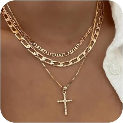 Cross Necklace for Women,Stackable Stacked Stacking Layering Layered Necklaces Dainty Gold Necklace Paperclip Box Flat Mariner Chain Necklace Cross Pendant CZ Diamond Simple Jewelry Gift - WORLD TIME VISITS