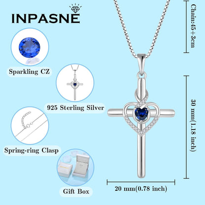 Heart Cross Necklace for Women 925 Sterling Silver Infinity Cross Pendant Birthstone Necklace Religious Jewelry Gift for Women Her Mom Wife Girlfriend Daughter