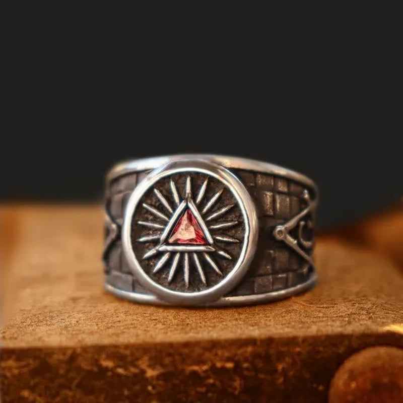 Retro Masonic Triangle Ruby Ring Mason Master Ring 316L Stainless Steel Ring Masonic Jewelry Punk Party Ring