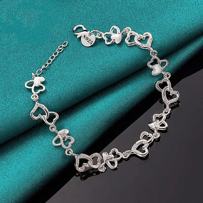 925 Sterling Silver Heart To Heart Chain Bracelet for Women Wedding Engagement Party Jewelry