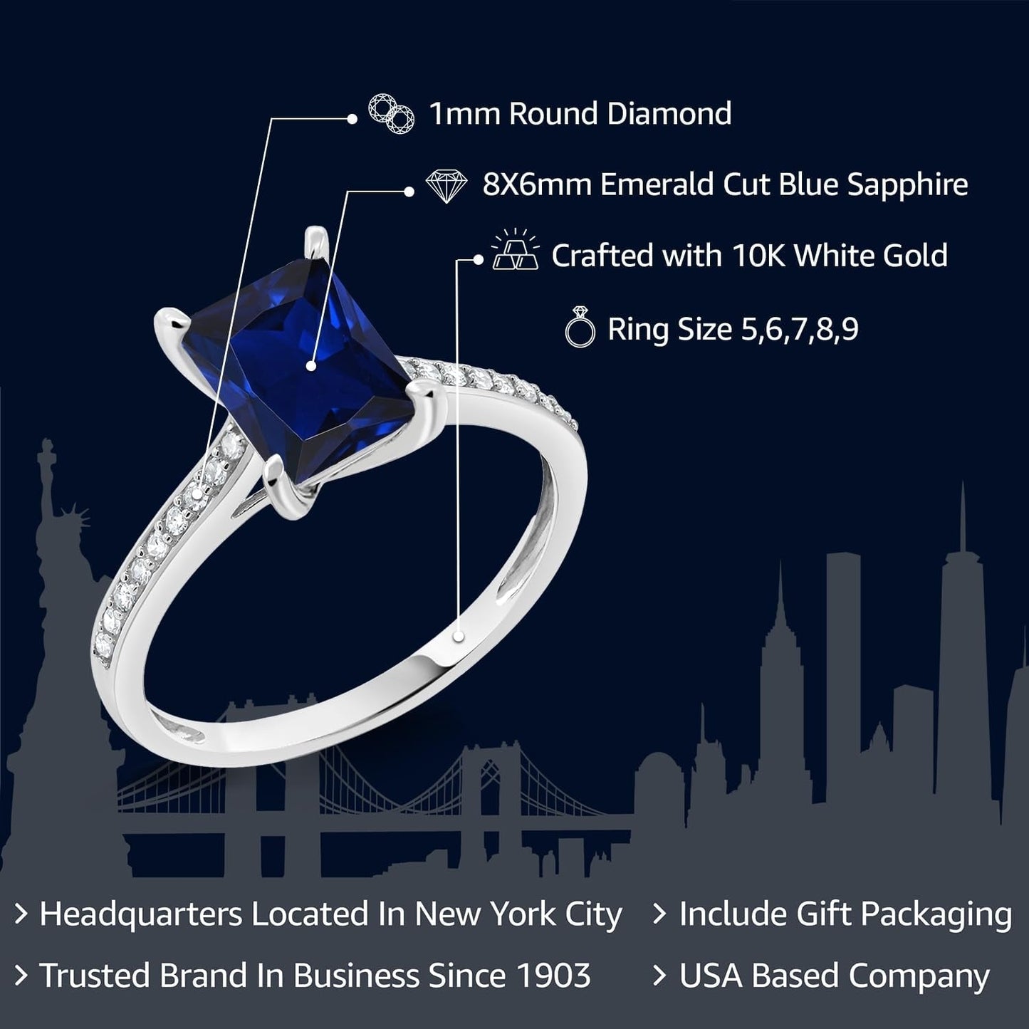 10K White Gold Emerald Cut 8X6MM Gemstone Birthstone and White Diamond Engagement Ring | Wedding Anniversary Promise Gold Ring for Women | Available in Size 5-9 - WORLD TIME VISITS