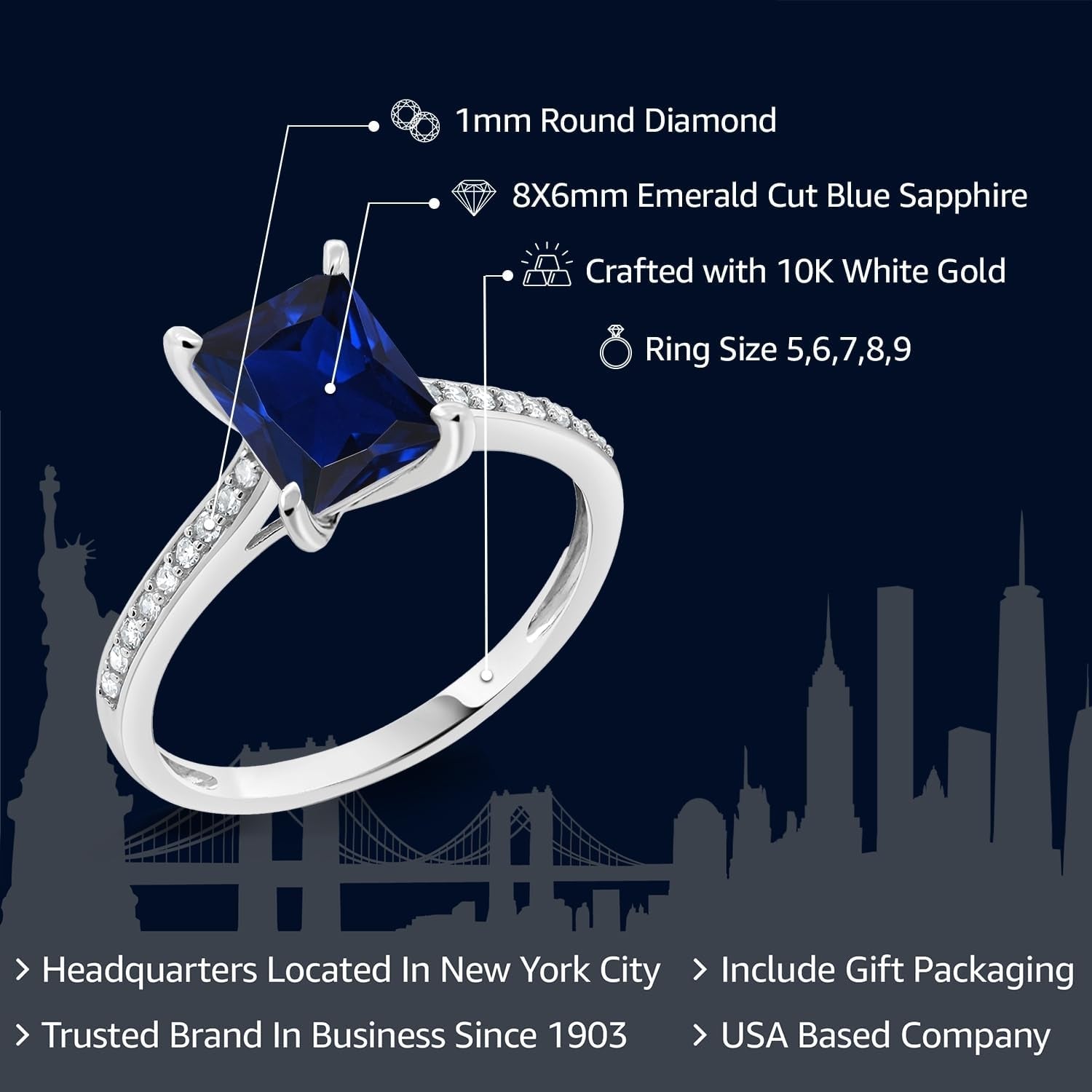 10K White Gold Emerald Cut 8X6MM Gemstone Birthstone and White Diamond Engagement Ring | Wedding Anniversary Promise Gold Ring for Women | Available in Size 5-9 - WORLD TIME VISITS