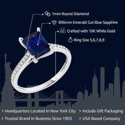 10K White Gold Emerald Cut 8X6MM Gemstone Birthstone and White Diamond Engagement Ring | Wedding Anniversary Promise Gold Ring for Women | Available in Size 5-9 - WORLD TIME VISITS