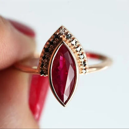 1PC Rose Gold Natural Rhombus 2 In 1 Ruby Engagement Ring Marquise Bridal Wedding Ring with Black Diamonds Women Ruby Ring Diamond Fine Jewelry