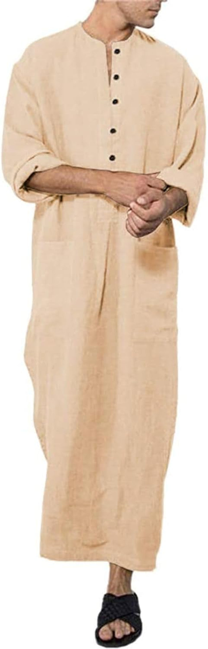 Men'S Kaftan Thobe Long Sleeve Muslim Robe Button up Side Split Kaftan Thobe with Pockets