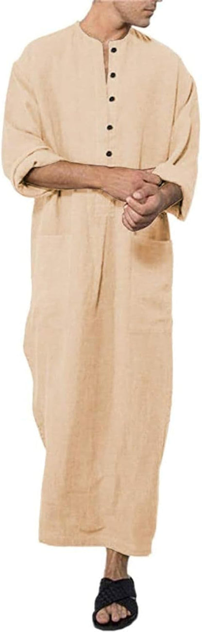 Men'S Kaftan Thobe Long Sleeve Muslim Robe Button up Side Split Kaftan Thobe with Pockets