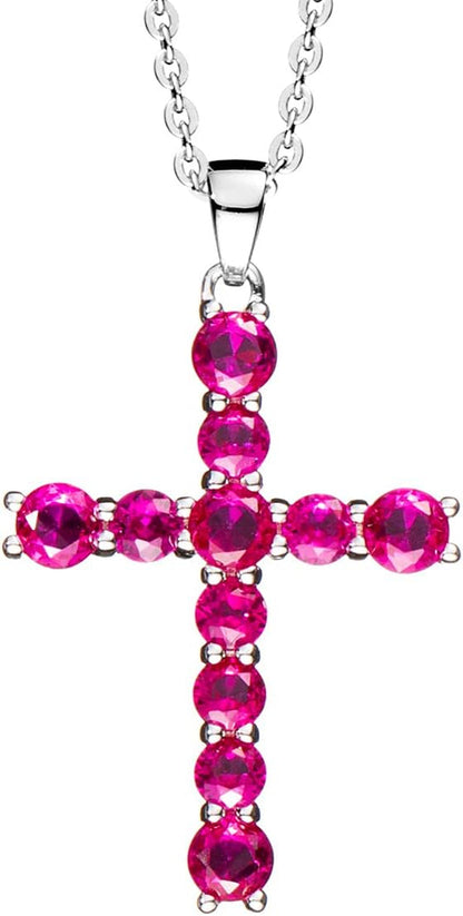 Gemstone Cross Necklace 925 Sterling Silver Created Birthstone Cross Prong Pendant Necklace Faithful Gift Ideas Fine Jewelry for Her Girlfriend Women Girls, 16" + 2" Extender - WORLD TIME VISITS