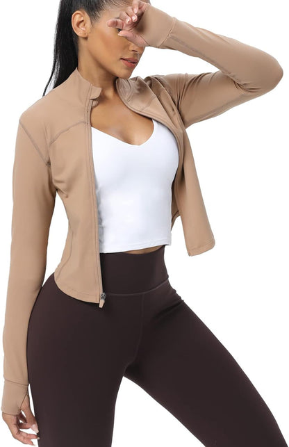 Women'S Cropped Running Workout Jackets Zip Slim Fit Athletic Tops with Thumb Holes - WORLD TIME VISITS