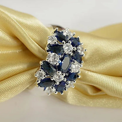 Fashion Women Blue Sapphire Flower Rings Crystal Zircon Gemstone Rings Size 6-10