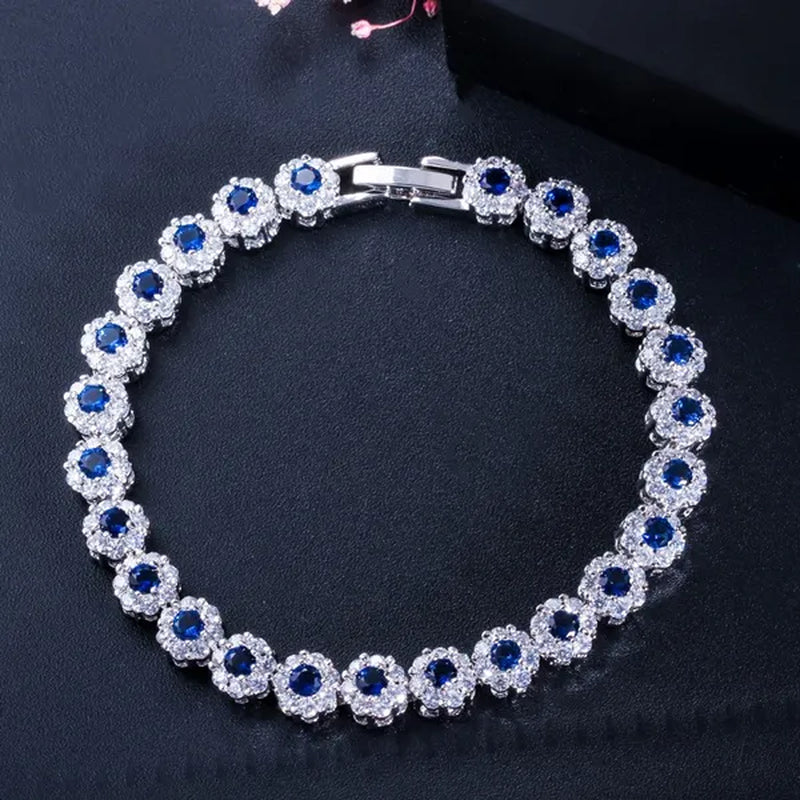 Gloriya Exquisite Silver Plated Fashion Hand Jewelry Pave Twinkling Multi Color Cubic Zirconia Crystal Party Flower Tennis Bracelet for Women (Free Extension)