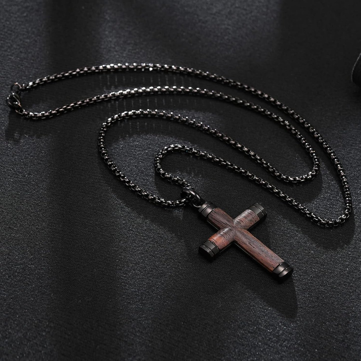 Wooden Cross Necklace for Men-Hawaiian Real Handmade Ebony Wood Cross Pendant Necklace Stainless Steel Chain, Mens Brown Cross Necklaces Koa Wood Jewelry Christian Baptism Crucifix Pendant for Men