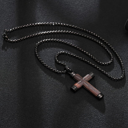 Wooden Cross Necklace for Men-Hawaiian Real Handmade Ebony Wood Cross Pendant Necklace Stainless Steel Chain, Mens Brown Cross Necklaces Koa Wood Jewelry Christian Baptism Crucifix Pendant for Men