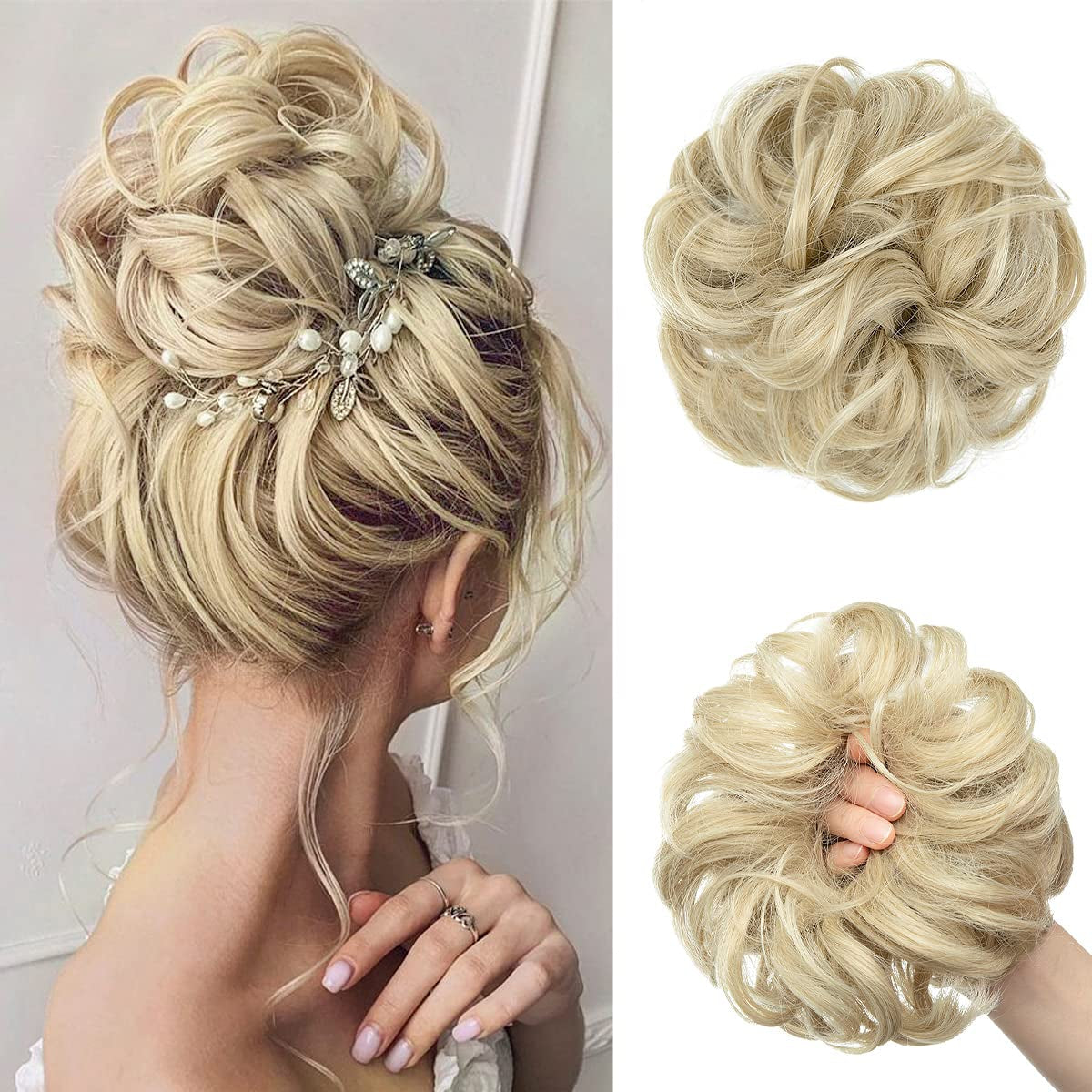 Large Messy Bun Hair Piece Wavy Curly Scrunchies Synthetic Chignon Ponytail Hair Extensions Thick Updo Hairpieces for Women Ash Blonde - WORLD TIME VISITS