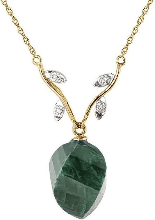 14K Solid Gold Necklace with Natural Diamonds and Twisted Briolette Emerald