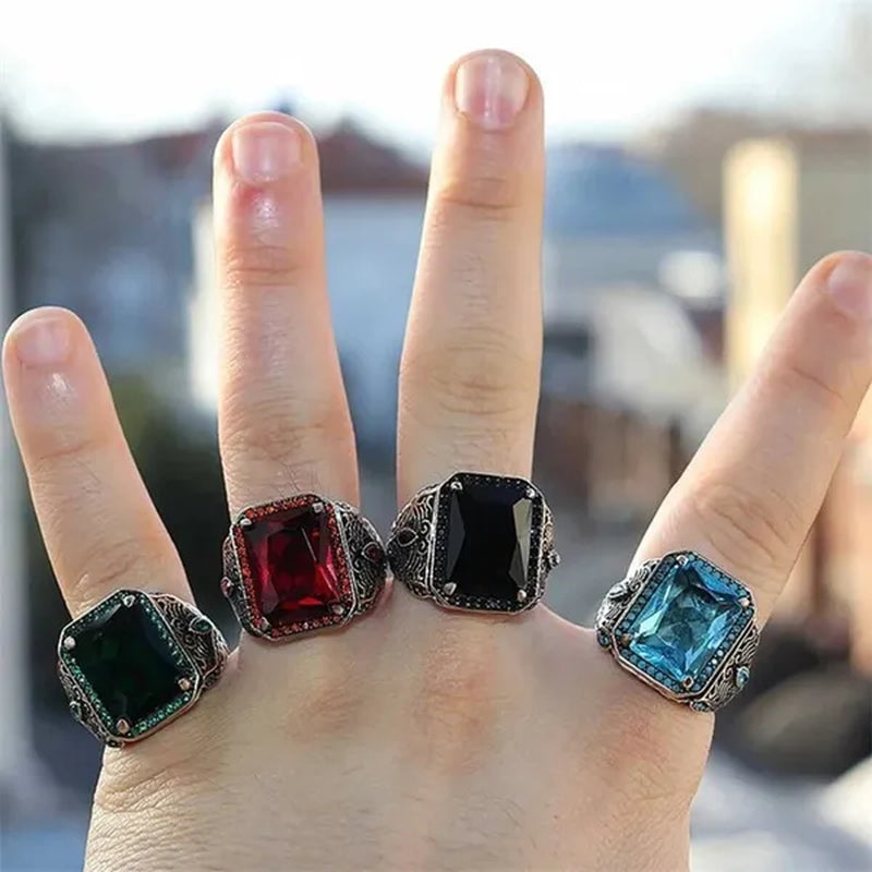 Ring Men's Retro Ethnic Texture Inlaid Large Grain Sapphire, Ruby, Black Gem, Emerald Ring, Domineering Fashion Jewelry Accessories, Father's Day Boyfriend Memorial Day Gift, Party Business Casual Jewelry