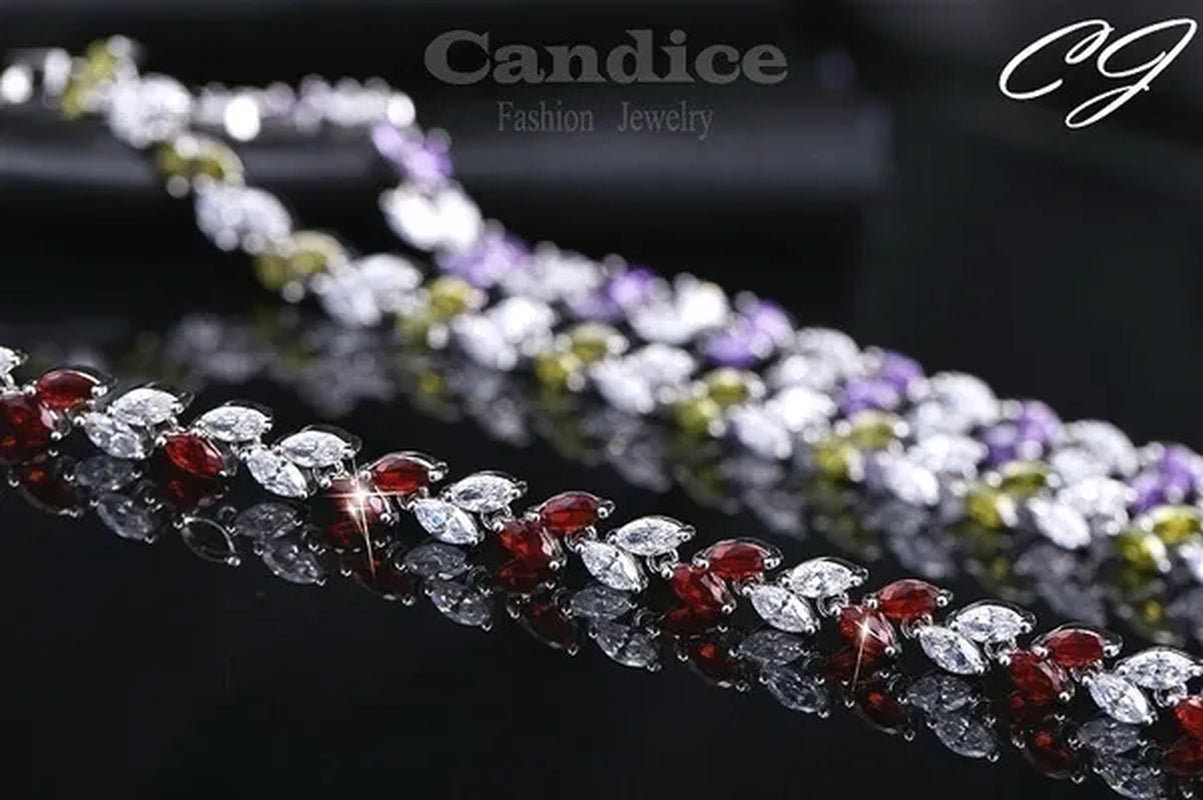 CANDICE 100% Real Silver Female Jewelry Simple Leaf Shape Multicolor Cubic Zirconia Strand Bracelet For Lady