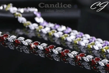 CANDICE 100% Real Silver Female Jewelry Simple Leaf Shape Multicolor Cubic Zirconia Strand Bracelet For Lady