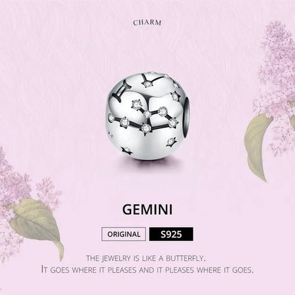 European Hot 12 Constellation Zodiac round 925 Sterling Silver Beads Charm for Women Bracelet Shining CZ Charm Fit Original Bangle Necklace DIY Jewelry Making