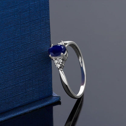 14K White Gold Gemstone Birthstone and White Diamond Engagement Ring | Oval Shape 6X4MM | Wedding Anniversary Promise Gold Ring for Women | Available in Size 5, 6, 7, 8, 9