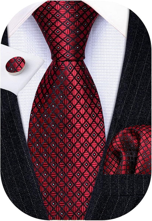 Men'S Tie Set Polka Dot Handkerchief Cufflinks Plaid Fashion Neckties Wedding Business