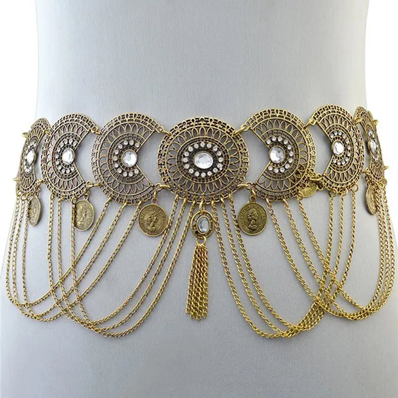 Women Belly Dance Belt Waist Metal Crystal Coin Tassel Body Chain Jewelry - WORLD TIME VISITS