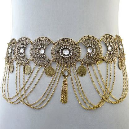 Women Belly Dance Belt Waist Metal Crystal Coin Tassel Body Chain Jewelry - WORLD TIME VISITS