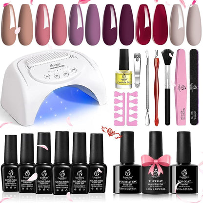 Beetles Gel Nail Polish Kit with Uv Light 48W LED Nail Lamp,6 Colors Nude Neutral Gel Polish Starter Kit Peach Pink Purple Burgundy Red Manicure Set Soak off Gel Polish Base Gel Top Coat Gifts for Her
