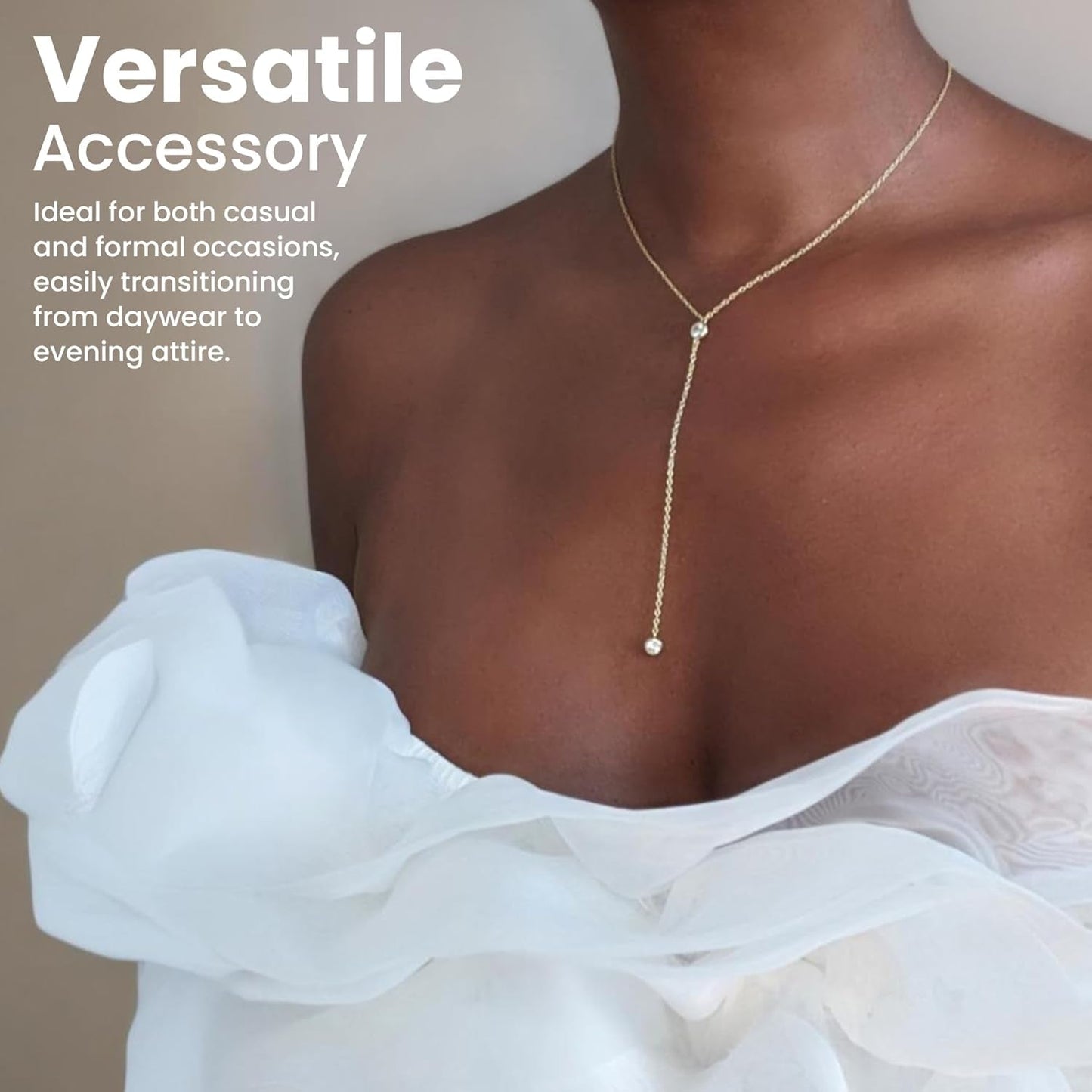 14K Gold Vermeil Lariat Necklace with 2 CZ Diamond in a 3.25" Dainty Drop Pendant, 16" - 19" Gold Dipped Sterling Silver Long Necklace for Women