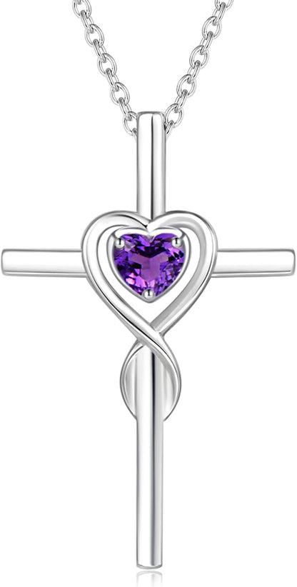 Birthstone Cross Necklace for Women Birthstone Necklace Heart Infinity Cross Pendant Necklace Fine Jewelry Christmas Birthday Holiday Gifts for Her, 16"+2" Inches - WORLD TIME VISITS