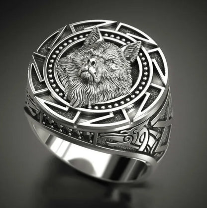 Vintage Embossed Antique Wolf Head Ring Men's Gothic Viking Steampunk Hip Hop Engraved Animal Pattern Ring Party Club Gift