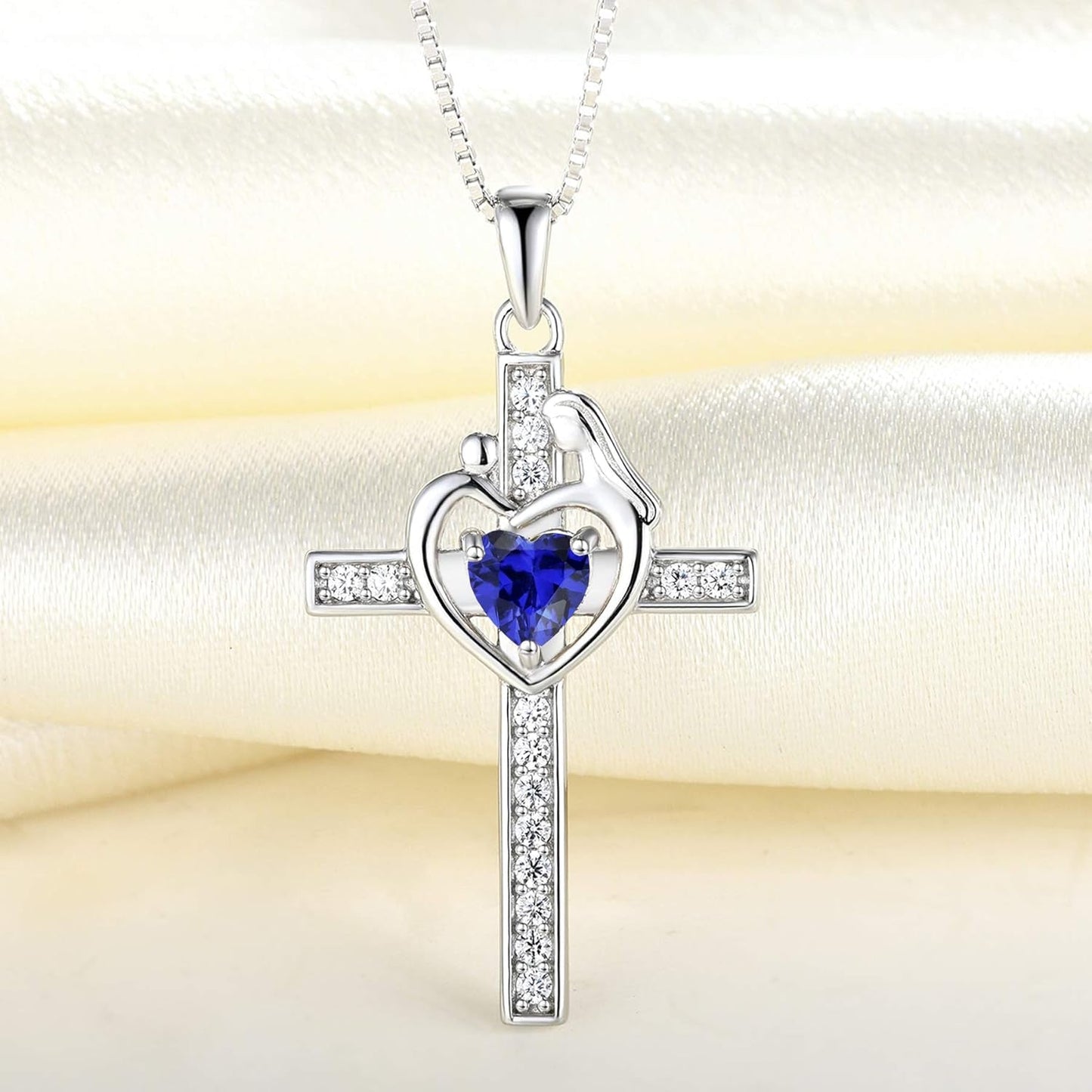 Mom Cross Necklace 925 Sterling Silver Mother Pendant Birthstone Mum Jewelry for Women