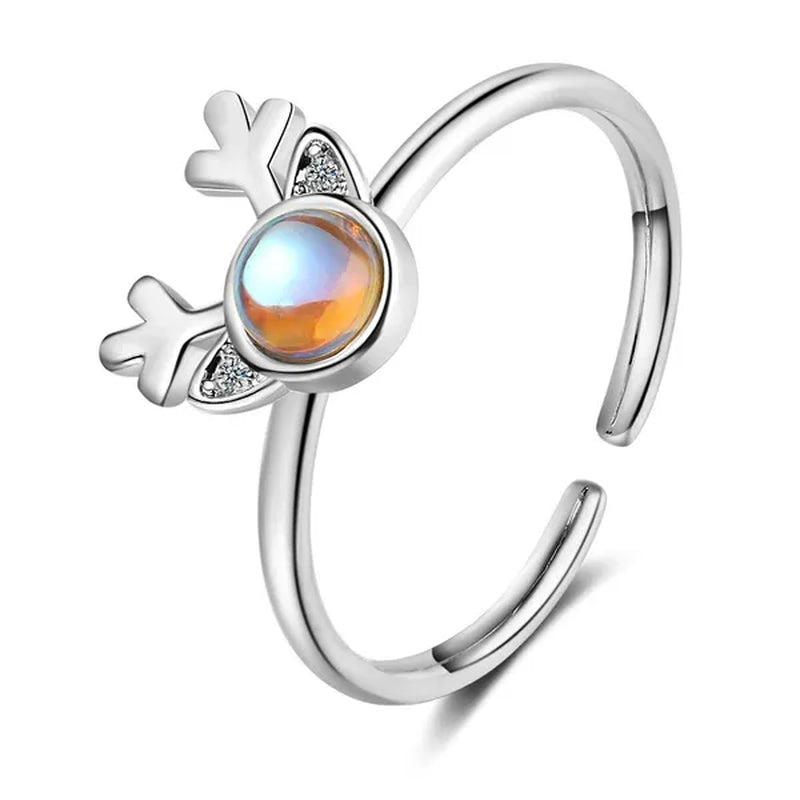 Korean Antler Ring 925 Sterling Silver Artificial Moonstone Rings for Women All with You Ring Adjustable Size - WORLD TIME VISITS